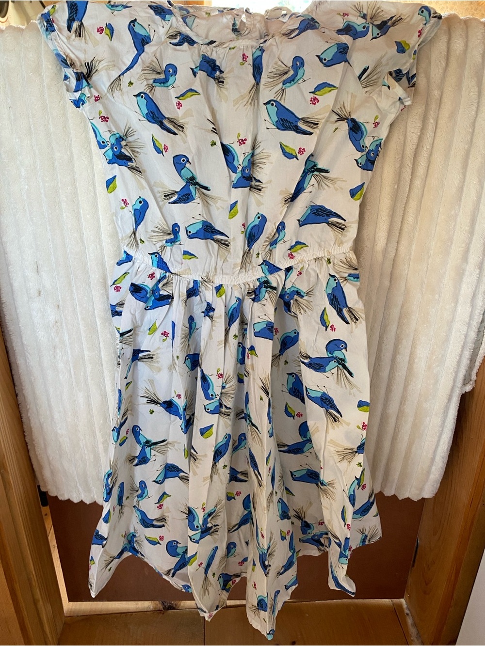 Lands' End White Cotton Dress with Blue Bird Print Girls sz 12